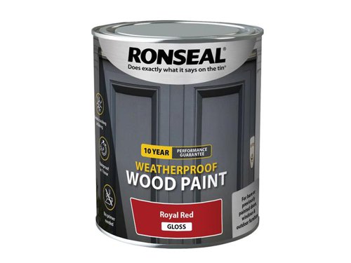 Ronseal 10 Year Weatherproof 2-in-1 Primer & Wood Paint protects your exterior wood for up to 10 years. You don’t need a primer either, so you can get the job done quickly and you won’t have to do it again anytime soon.Guaranteed not to crack, peel or blister for 10 years. Weatherproof in one hour. Paints up to 12m2 per litre.This Ronseal 10 Year Weatherproof Wood Paint has the following specification:Colour & Finish: Royal Red GlossSize: 750ml