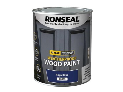 Ronseal 10 Year Weatherproof 2-in-1 Primer & Wood Paint protects your exterior wood for up to 10 years. You don’t need a primer either, so you can get the job done quickly and you won’t have to do it again anytime soon.Guaranteed not to crack, peel or blister for 10 years. Weatherproof in one hour. Paints up to 12m2 per litre.This Ronseal 10 Year Weatherproof Wood Paint has the following specification:Colour & Finish: Royal Blue GlossSize: 750ml
