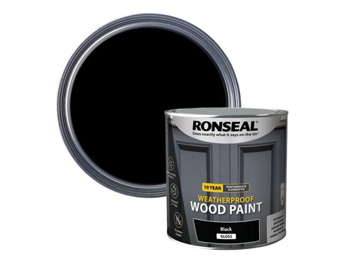 Ronseal 10 Year Weatherproof 2-in-1 Primer & Wood Paint protects your exterior wood for up to 10 years. You don’t need a primer either, so you can get the job done quickly and you won’t have to do it again anytime soon.Guaranteed not to crack, peel or blister for 10 years. Weatherproof in one hour. Paints up to 12m2 per litre.This Ronseal 10 Year Weatherproof Wood Paint has the following specification:Colour & Finish: Black GlossSize: 2.5L