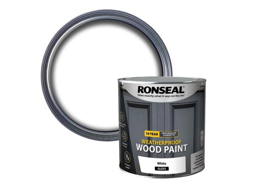Ronseal 10 Year Weatherproof 2-in-1 Primer & Wood Paint protects your exterior wood for up to 10 years. You don’t need a primer either, so you can get the job done quickly and you won’t have to do it again anytime soon.Guaranteed not to crack, peel or blister for 10 years. Weatherproof in one hour. Paints up to 12m2 per litre.This Ronseal 10 Year Weatherproof Wood Paint has the following specification:Colour & Finish: White GlossSize: 2.5L