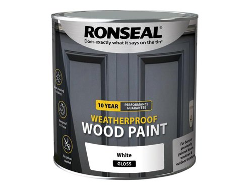 Ronseal 10 Year Weatherproof 2-in-1 Primer & Wood Paint protects your exterior wood for up to 10 years. You don’t need a primer either, so you can get the job done quickly and you won’t have to do it again anytime soon.Guaranteed not to crack, peel or blister for 10 years. Weatherproof in one hour. Paints up to 12m2 per litre.This Ronseal 10 Year Weatherproof Wood Paint has the following specification:Colour & Finish: White GlossSize: 2.5L