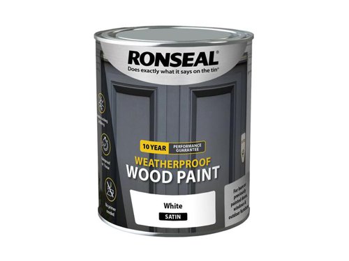 Ronseal 10 Year Weatherproof 2-in-1 Primer & Wood Paint protects your exterior wood for up to 10 years. You don’t need a primer either, so you can get the job done quickly and you won’t have to do it again anytime soon.Guaranteed not to crack, peel or blister for 10 years. Weatherproof in one hour. Paints up to 12m2 per litre.This Ronseal 10 Year Weatherproof Wood Paint has the following specification:Colour & Finish: White SatinSize: 750ml