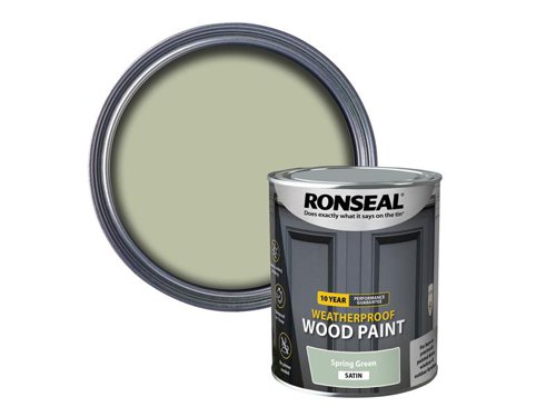 Ronseal 10 Year Weatherproof 2-in-1 Primer & Wood Paint protects your exterior wood for up to 10 years. You don’t need a primer either, so you can get the job done quickly and you won’t have to do it again anytime soon.Guaranteed not to crack, peel or blister for 10 years. Weatherproof in one hour. Paints up to 12m2 per litre.This Ronseal 10 Year Weatherproof Wood Paint has the following specification:Colour & Finish: Spring Green SatinSize: 750ml