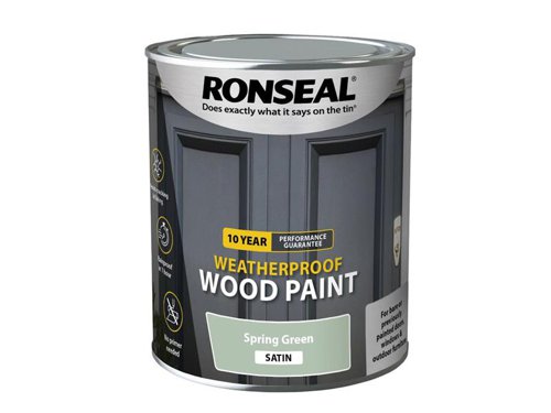 Ronseal 10 Year Weatherproof 2-in-1 Primer & Wood Paint protects your exterior wood for up to 10 years. You don’t need a primer either, so you can get the job done quickly and you won’t have to do it again anytime soon.Guaranteed not to crack, peel or blister for 10 years. Weatherproof in one hour. Paints up to 12m2 per litre.This Ronseal 10 Year Weatherproof Wood Paint has the following specification:Colour & Finish: Spring Green SatinSize: 750ml