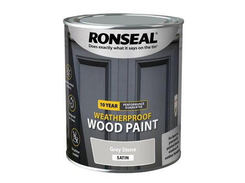 Ronseal 10 Year Weatherproof 2-in-1 Primer & Wood Paint protects your exterior wood for up to 10 years. You don’t need a primer either, so you can get the job done quickly and you won’t have to do it again anytime soon.Guaranteed not to crack, peel or blister for 10 years. Weatherproof in one hour. Paints up to 12m2 per litre.This Ronseal 10 Year Weatherproof Wood Paint has the following specification:Colour & Finish: Grey Stone SatinSize: 750ml