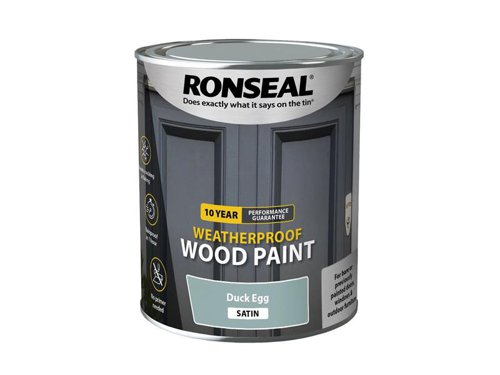 Ronseal 10 Year Weatherproof 2-in-1 Primer & Wood Paint protects your exterior wood for up to 10 years. You don’t need a primer either, so you can get the job done quickly and you won’t have to do it again anytime soon.Guaranteed not to crack, peel or blister for 10 years. Weatherproof in one hour. Paints up to 12m2 per litre.This Ronseal 10 Year Weatherproof Wood Paint has the following specification:Colour & Finish: Duck Egg Blue SatinSize: 750ml