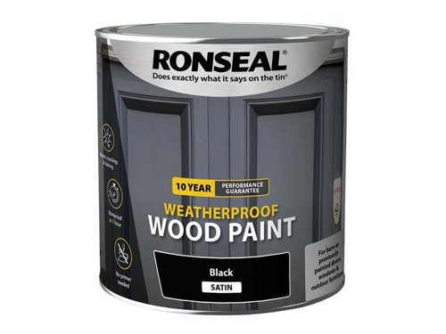 Ronseal 10 Year Weatherproof 2-in-1 Primer & Wood Paint protects your exterior wood for up to 10 years. You don’t need a primer either, so you can get the job done quickly and you won’t have to do it again anytime soon.Guaranteed not to crack, peel or blister for 10 years. Weatherproof in one hour. Paints up to 12m2 per litre.This Ronseal 10 Year Weatherproof Wood Paint has the following specification:Colour & Finish: Black SatinSize: 2.5L