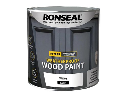 Ronseal 10 Year Weatherproof 2-in-1 Primer & Wood Paint protects your exterior wood for up to 10 years. You don’t need a primer either, so you can get the job done quickly and you won’t have to do it again anytime soon.Guaranteed not to crack, peel or blister for 10 years. Weatherproof in one hour. Paints up to 12m2 per litre.This Ronseal 10 Year Weatherproof Wood Paint has the following specification:Colour & Finish: White SatinSize: 2.5L