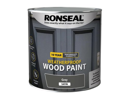 Ronseal 10 Year Weatherproof 2-in-1 Primer & Wood Paint protects your exterior wood for up to 10 years. You don’t need a primer either, so you can get the job done quickly and you won’t have to do it again anytime soon.Guaranteed not to crack, peel or blister for 10 years. Weatherproof in one hour. Paints up to 12m2 per litre.This Ronseal 10 Year Weatherproof Wood Paint has the following specification:Colour & Finish: Grey SatinSize: 2.5L