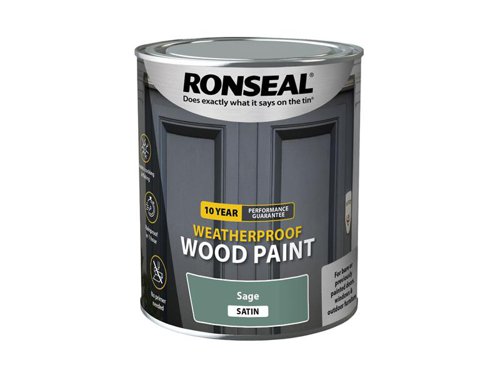 Ronseal 10 Year Weatherproof 2-in-1 Primer & Wood Paint protects your exterior wood for up to 10 years. You don’t need a primer either, so you can get the job done quickly and you won’t have to do it again anytime soon.Guaranteed not to crack, peel or blister for 10 years. Weatherproof in one hour. Paints up to 12m2 per litre.This Ronseal 10 Year Weatherproof Wood Paint has the following specification:Colour & Finish: Sage SatinSize: 750ml