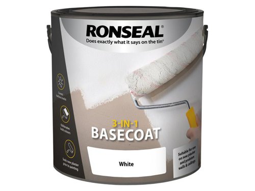 Ronseal 3-in-1 Basecoat covers hairline cracks, bold colours and seals new plaster in just one coat. Easy to apply with high coverage, it will leave a smooth and durable finish, helping you complete your project in no time. Application:When using Ronseal's 3-in-1 Basecoat make sure your room is above 10°C, and open a window to keep it ventilated. Cold weather can stop the paint from drying properly.Cover anything you don’t want to get paint over. Get rid of any loose paint or plaster by giving it a quick sand. Wipe the area you’re going to paint with a damp cloth to make sure it’s clean and free from dust.Give it a really good stir. Then use a roller or brush to put it on. It’ll be touch dry in 2 hours. Extra coats may be required when making dramatic colour changes. After 4 hours it’ll be ready to paint over. Colour: WhiteSize: 2.5 Litre