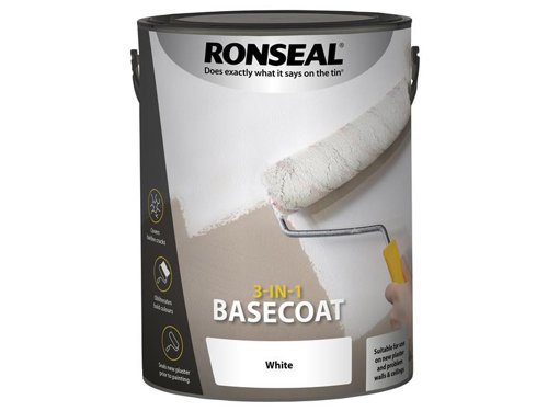 Ronseal 3-in-1 Basecoat covers hairline cracks, bold colours and seals new plaster in just one coat. Easy to apply with high coverage, it will leave a smooth and durable finish, helping you complete your project in no time. Application:When using Ronseal's 3-in-1 Basecoat make sure your room is above 10°C, and open a window to keep it ventilated. Cold weather can stop the paint from drying properly.Cover anything you don’t want to get paint over. Get rid of any loose paint or plaster by giving it a quick sand. Wipe the area you’re going to paint with a damp cloth to make sure it’s clean and free from dust.Give it a really good stir. Then use a roller or brush to put it on. It’ll be touch dry in 2 hours. Extra coats may be required when making dramatic colour changes. After 4 hours it’ll be ready to paint over. Colour: WhiteSize: 5 Litre