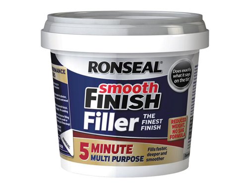Ronseal 5 Minute Multipurpose Smooth Finish Filler fills cracks and holes up to 70mm. It won't sag, so it's great for fixing holes in ceilings. With a super-fast drying formula, it will be ready to paint over in 15 minutes, making it perfect for big and last-minute repairs.Suitable for plaster, stone, concrete and wood.As it's lightweight, it's not suitable to be drilled or nailed into.This Ronseal RSL5MF290ML is supplied in a tub with re-sealable lid.290ml