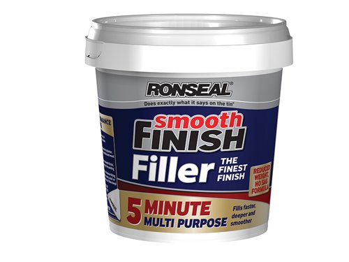 Ronseal 5 Minute Multipurpose Smooth Finish Filler fills cracks and holes up to 70mm. It won't sag, so it's great for fixing holes in ceilings. With a super-fast drying formula, it will be ready to paint over in 15 minutes, making it perfect for big and last-minute repairs.Suitable for plaster, stone, concrete and wood.As it's lightweight, it's not suitable to be drilled or nailed into.This Ronseal RSL5MF600ML is supplied in a tub with re-sealable lid.600ml