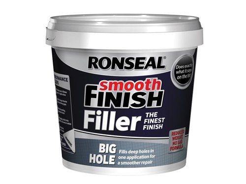 A next generation lightweight interior and exterior filler based on acrylic polymer and hollow ceramic microspheres.Robust macromolecular structure which gives virtually no shrinkage. Filling deep holes without sagging isn't easy but with Ronseal BHF12L Big Hole Smooth Finish Filler it is.Specially designed to fill any hole up to 50mm deep, it's a high performance filler that's easy to apply and gives a perfectly smooth finish.When dry, it can be drilled, screwed or nailed.For use in repairing plaster, stone concrete or wood.Long lasting tough repair.Extremely smooth finish.Ronseal applicator included.Very good adhesion.Easy to sand.Application: Filling Knife. Surface dry in 1 to 2 hours.Fills holes up to 50mm deep.Will accept drills, screws and nails when fully dry.Protection level: High.Size: 1.2 litre