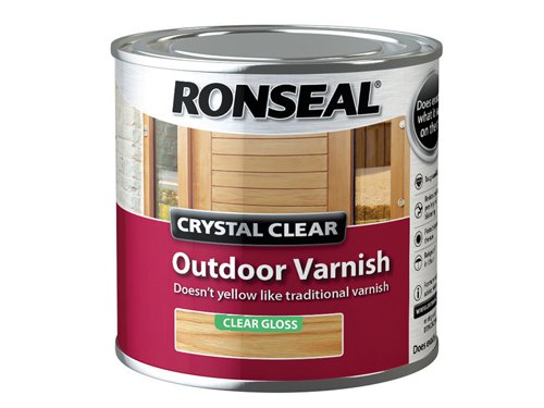 Ronseal Crystal Clear Outdoor Varnish is perfect if you're looking to varnish wood and keep it's natural colour. It'll protect from the weather and doesn't yellow over time like other traditional varnishes. Crystal Clear Outdoor Varnish is rainproof in 1 hour.Before you start make sure it's a warm, dry day (above 10°c) and the wood is clean and dry, also make sure you wear a face mask to avoid breathing in any dust.Prep Stained or Varnished Wood: give the wood a good sand to make sure the varnish sticks. Then give it a clean with white spirit and leave to dry.Prep New Wood: give the wood a light sand, clean any dirt or dust with white spirit and leave to dry.You'll need to put on 3 coats leaving 6 hours between coats. Before the final coat lightly sand the wood, this will help the varnish stick and give a smoother finish.Coverage: 16.0m² covered per litre.Number of coats: 3.Application: Brush.Drying Time: 1 hour.Ronseal RSLCCODVM250 Crystal Clear Outdoor Varnish comes in the following:Colour: Crystal Clear.Finish: Matt.Size: 250ml.
