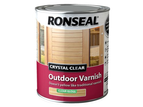 Ronseal Crystal Clear Outdoor Varnish is perfect if you're looking to varnish wood and keep it's natural colour. It'll protect from the weather and doesn't yellow over time like other traditional varnishes. Crystal Clear Outdoor Varnish is rainproof in 1 hour.Before you start make sure it's a warm, dry day (above 10°c) and the wood is clean and dry, also make sure you wear a face mask to avoid breathing in any dust.Prep Stained or Varnished Wood: give the wood a good sand to make sure the varnish sticks. Then give it a clean with white spirit and leave to dry.Prep New Wood: give the wood a light sand, clean any dirt or dust with white spirit and leave to dry.You'll need to put on 3 coats leaving 6 hours between coats. Before the final coat lightly sand the wood, this will help the varnish stick and give a smoother finish.Coverage: 16.0m² covered per litre.Number of coats: 3.Application: Brush.Drying Time: 1 hour.Ronseal RSLCCODVM25L Crystal Clear Outdoor Varnish comes in the following:Colour: Crystal Clear.Finish: Matt.Size: 2.5 litre.