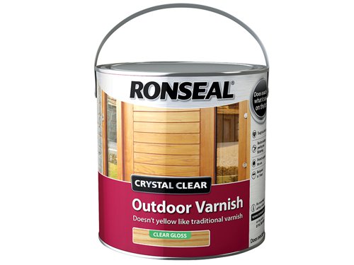 Ronseal Crystal Clear Outdoor Varnish is perfect if you're looking to varnish wood and keep it's natural colour. It'll protect from the weather and doesn't yellow over time like other traditional varnishes. Crystal Clear Outdoor Varnish is rainproof in 1 hour.Before you start make sure it's a warm, dry day (above 10°c) and the wood is clean and dry, also make sure you wear a face mask to avoid breathing in any dust.Prep Stained or Varnished Wood: give the wood a good sand to make sure the varnish sticks. Then give it a clean with white spirit and leave to dry.Prep New Wood: give the wood a light sand, clean any dirt or dust with white spirit and leave to dry.You'll need to put on 3 coats leaving 6 hours between coats. Before the final coat lightly sand the wood, this will help the varnish stick and give a smoother finish.Coverage: 16.0m² covered per litre.Number of coats: 3.Application: Brush.Drying Time: 1 hour.Ronseal RSLCCODVM750 Crystal Clear Outdoor Varnish comes in the following:Colour: Crystal Clear.Finish: Matt.Size: 750ml.