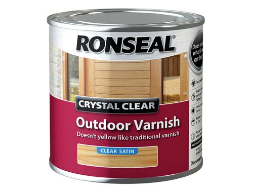 Ronseal Crystal Clear Outdoor Varnish is perfect if you're looking to varnish wood and keep it's natural colour. It'll protect from the weather and doesn't yellow over time like other traditional varnishes. Crystal Clear Outdoor Varnish is rainproof in 1 hour.Before you start make sure it's a warm, dry day (above 10°c) and the wood is clean and dry, also make sure you wear a face mask to avoid breathing in any dust.Prep Stained or Varnished Wood: give the wood a good sand to make sure the varnish sticks. Then give it a clean with white spirit and leave to dry.Prep New Wood: give the wood a light sand, clean any dirt or dust with white spirit and leave to dry.You'll need to put on 3 coats leaving 6 hours between coats. Before the final coat lightly sand the wood, this will help the varnish stick and give a smoother finish.Coverage: 16.0m² covered per litre.Number of coats: 3.Application: Brush.Drying Time: 1 hour.Ronseal RSLCCODVS250 Crystal Clear Outdoor Varnish Satin 250ml comes in the following:Colour: Crystal Clear.Finish: Satin.Size: 250ml.