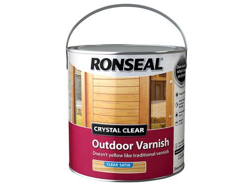 Ronseal Crystal Clear Outdoor Varnish is perfect if you're looking to varnish wood and keep it's natural colour. It'll protect from the weather and doesn't yellow over time like other traditional varnishes. Crystal Clear Outdoor Varnish is rainproof in 1 hour.Before you start make sure it's a warm, dry day (above 10°c) and the wood is clean and dry, also make sure you wear a face mask to avoid breathing in any dust.Prep Stained or Varnished Wood: give the wood a good sand to make sure the varnish sticks. Then give it a clean with white spirit and leave to dry.Prep New Wood: give the wood a light sand, clean any dirt or dust with white spirit and leave to dry.You'll need to put on 3 coats leaving 6 hours between coats. Before the final coat lightly sand the wood, this will help the varnish stick and give a smoother finish.Coverage: 16.0m² covered per litre.Number of coats: 3.Application: Brush.Drying Time: 1 hour.Ronseal RSLCCODVS25L Crystal Clear Outdoor Varnish Satin 2.5 litre comes in the following:Colour: Crystal Clear.Finish: Satin.Size: 2.5 litre.