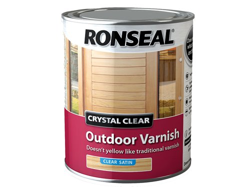 Ronseal Crystal Clear Outdoor Varnish is perfect if you're looking to varnish wood and keep it's natural colour. It'll protect from the weather and doesn't yellow over time like other traditional varnishes. Crystal Clear Outdoor Varnish is rainproof in 1 hour.Before you start make sure it's a warm, dry day (above 10°c) and the wood is clean and dry, also make sure you wear a face mask to avoid breathing in any dust.Prep Stained or Varnished Wood: give the wood a good sand to make sure the varnish sticks. Then give it a clean with white spirit and leave to dry.Prep New Wood: give the wood a light sand, clean any dirt or dust with white spirit and leave to dry.You'll need to put on 3 coats leaving 6 hours between coats. Before the final coat lightly sand the wood, this will help the varnish stick and give a smoother finish.Coverage: 16.0m² covered per litre.Number of coats: 3.Application: Brush.Drying Time: 1 hour.Ronseal RSLCCODVS750 Crystal Clear Outdoor Varnish Satin 750ml comes in the following:Colour: Crystal Clear.Finish: Satin.Size: 750ml.