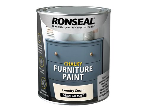 Ronseal Chalky Furniture Paint gives a chalk effect with high performance. It protects against wear and tear and will not rub off on touch. No over coating required.The paint provides a flat matt, chalky finish.Specifications:Colour: Country Cream.Size: 750ml.