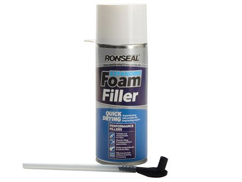 Ronseal Quick Drying and Expanding Foam Filler is ideal for filling large and awkward size gaps & cavities on interior and exterior surfaces.The quick drying formula can be used on wood, metal, glass or masonry, yielding up to 2.5 times its initial volume to fill any size repair.The simple to use trigger applicator ensures smooth consistent filling of the hole minimising any overfill, whilst the advanced liquid foam can be used to provide insulation against heat, sound and moisture.Quick drying - dries in 1 hour.Fills large holes - foam expands to 2.5 times its size.Will not shrink or crack.Easy to cut or sand.Can be overpainted.For interior and exterior useSize: 300ml.