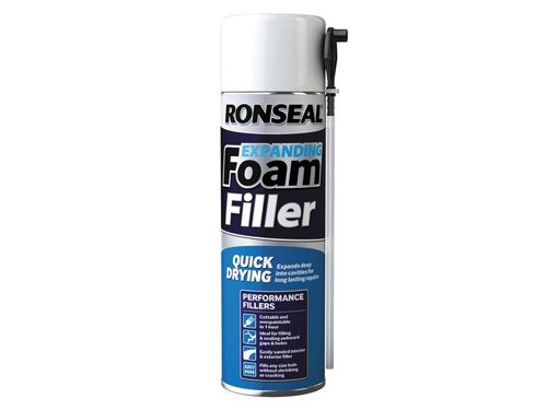 Ronseal Quick Drying and Expanding Foam Filler is ideal for filling large and awkward size gaps & cavities on interior and exterior surfaces.The quick drying formula can be used on wood, metal, glass or masonry, yielding up to 2.5 times its initial volume to fill any size repair.The simple to use trigger applicator ensures smooth consistent filling of the hole minimising any overfill, whilst the advanced liquid foam can be used to provide insulation against heat, sound and moisture.Quick drying - dries in 1 hour.Fills large holes - foam expands to 2.5 times its size.Will not shrink or crack.Easy to cut or sand.Can be overpainted.For interior and exterior useSize: 500ml.