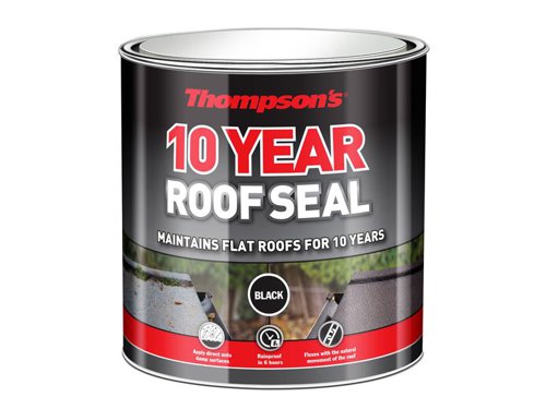Thompson's 10 Year Roof Seal is a high-performance coating which cures to form a durable, flexible membrane suitable for resealing, and protecting whole roofs or repairing large areas of damage to a variety of roofing materials.The 10 year formulation is designed to flex with the natural movement of the roof protecting the membrane from cracking and splitting over time. UV light stable iron oxide pigments provide a protective shield against harmful UV radiation ensuring 10 year weatherproofing performance under extreme conditions.For best results the advanced formula should be applied directly to dry surfaces, the 10 year formulation forms a vapour permeable membrane which repairs and weatherproofs while allowing any trapped moisture in the substrate to escape.This product is supplied in a tin with resealable lid and the following specifications:Colour: Black.Available Sizes: 1L, 2.5L or 4L.1 x Thompson's Roof Seal Black 4 litre
