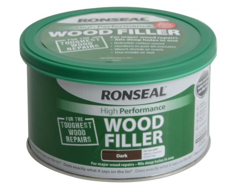 Ronseal High Performance Wood Filler is a chemically bonded filler and catalyst that provides extremely tough repairs to virtually any wood damage without shrinking or cracking. Fills to any depth and can be drilled, screwed or planed.Ideal for use in interior or exterior wood repairs more than 5mm deep. Typical areas include window frames, sills, doors and door frames. For minor and surface wood repairs use Ronseal Multi Purpose Wood Filler.Available in: Natural, Dark or White.Application: Filling Knife.Drying Time: approx 30 mins.Protection Level: Very High.The Ronseal RSLHPWFD275G is supplied in a tub with re-sealable lid. Colour - Dark.Size: 275g.