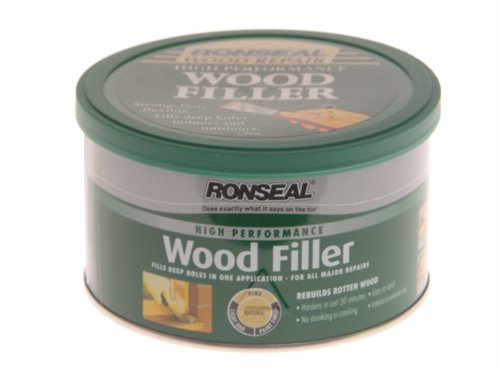Ronseal High Performance Wood Filler is a chemically bonded filler and catalyst that provides extremely tough repairs to virtually any wood damage without shrinking or cracking. Fills to any depth and can be drilled, screwed or planed.Ideal for use in interior or exterior wood repairs more than 5mm deep. Typical areas include window frames, sills, doors and door frames. For minor and surface wood repairs use Ronseal Multi Purpose Wood Filler.Available in: Natural, Dark or White.Application: Filling Knife.Drying Time: approx 30 mins.Protection Level: Very High.The Ronseal RSLHPWFN275G is supplied in a tub with re-sealable lid.Colour - Natural.Size: 275g.
