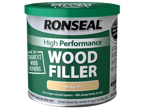 Ronseal High Performance Wood Filler is a chemically bonded filler and catalyst that provides extremely tough repairs to virtually any wood damage without shrinking or cracking. Fills to any depth and can be drilled, screwed or planed.Ideal for use in interior or exterior wood repairs more than 5mm deep. Typical areas include window frames, sills, doors and door frames. For minor and surface wood repairs use Ronseal Multi Purpose Wood Filler.Available in: Natural, Dark or White.Application: Filling Knife.Drying Time: approx 30 mins.Protection Level: Very High.The Ronseal RSLHPWFN37KG is supplied in a tub with re-sealable lid. Colour - Natural.Size: 3.7kg.