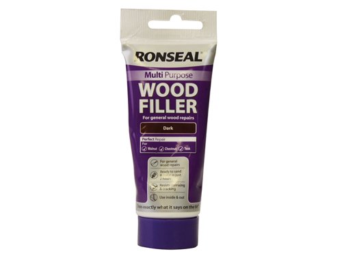 Ronseal Multi Purpose Wood Filler can be applied straight from the tube and gives professional, long-lasting, tough and durable repairs. The flexible formula resists shrinking and cracking, and it can be stained, varnished or painted.Suitable for both interior and exterior use. Once dry, simply sand then stain, varnish or paint over. Ideal for use on doors, window frames, screw/nail holes, cracks, gaps, skirting boards, floors and other wooden surfaces.Available in various shades and sizes.Specification:Application: Filling KnifeDrying Time: 2 hours approx.Protection Level: High1 x Ronseal Multi Purpose Wood Filler Tube Dark 100g