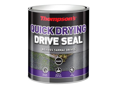 This Thompson's TDSB5L Drive Seal is a high-performance acrylic coating specifically designed to enhance the appearance of tarmac drives and obliterate existing stains. Its quick drying formulation means that the drive can be back in use in as little as 4 hours. Once dry Thompson's Drive Seal reaches its optimum performance after a few days and gives an attractive, low sheen, slip resistant finish which provides unrivalled protection from weather damage and prevents oil and petrol spills leaving unsightly stains on the surface.For maximum performance ensure all surfaces are clean and free from any dust or loose material that may interfere with the adhesion of Thompson's Drive Seal. Remove dirt, moss, lichen, dust or loose material by brushing with a stiff bristle brush. Use Thompson's Oil & Drive Cleaner to remove existing oil/grease deposits and to clean driveways prior to application.Thompson's Drive Seal can be applied by long pile roller to damp, but not saturated surfaces. Using a roller tray, load the roller fully and apply in an even coat ensuring all irregularities are covered.6m²/L per coat depending on the porosity of the substrate.Size: 5 litres.Colour Black.Slip ResistantDrive over in 4 Hours