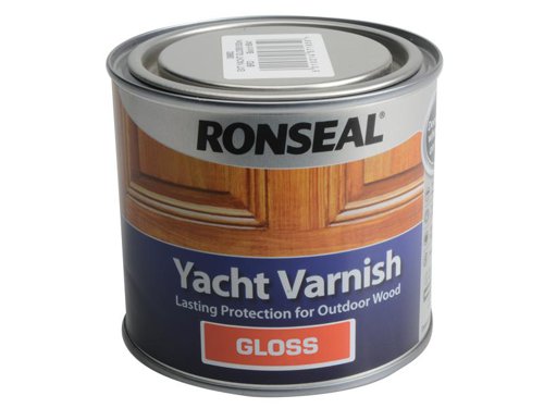 Ronseal Yacht Varnish is a professional high-quality solvent-based varnish that provides superior, long-lasting protection for exterior wood.The weatherproofing formula protects the wood from damaging UV rays, it contains a flexible resin that allows the varnish to move with the wood as it expands and contracts, so helping to prevent cracking, peeling and blistering. This unique formula is also highly water repellent to keep your wood drier.Areas of use: Exterior:Coverage: Approx. 16m² per litre.Number of coats: Approx. 3.Application: Brush.Drying Time: Approx. 6 hours.Protection level: High.Available in Satin or Gloss Finish with different size tins available.The Ronseal RSLYVG500 has a Gloss finish and is supplied in a re-sealable Tin.500ml
