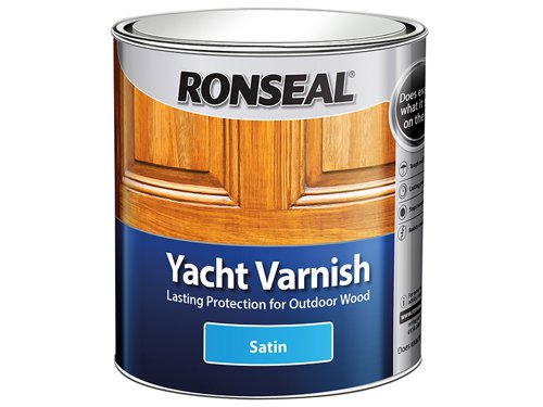 Ronseal Yacht Varnish is a professional high-quality solvent-based varnish that provides superior, long-lasting protection for exterior wood.The weatherproofing formula protects the wood from damaging UV rays, it contains a flexible resin that allows the varnish to move with the wood as it expands and contracts, so helping to prevent cracking, peeling and blistering. This unique formula is also highly water repellent to keep your wood drier.Areas of use: Exterior:Coverage: Approx. 16m² per litre.Number of coats: Approx. 3.Application: Brush.Drying Time: Approx. 6 hours.Protection level: High.Available in Satin or Gloss Finish with different size tins available.The Ronseal RSLYVS1L has a Satin finish and is supplied in a re-sealable Tin.1 litre