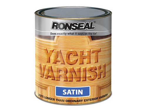 Ronseal Yacht Varnish is a professional high-quality solvent-based varnish that provides superior, long-lasting protection for exterior wood.The weatherproofing formula protects the wood from damaging UV rays, it contains a flexible resin that allows the varnish to move with the wood as it expands and contracts, so helping to prevent cracking, peeling and blistering. This unique formula is also highly water repellent to keep your wood drier.Areas of use: Exterior:Coverage: Approx. 16m² per litre.Number of coats: Approx. 3.Application: Brush.Drying Time: Approx. 6 hours.Protection level: High.Available in Satin or Gloss Finish with different size tins available.The Ronseal RSLYVS25L has a Satin finish and is supplied in a re-sealable Tin.2.5 litre