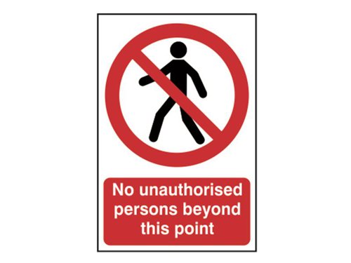 This SCAN Safety Sign is made from 1mm thick, durable PVC. It's aggressive water-based adhesive enables the sign to easily stick on to and remain on any wall. Printed with UV resistant inks, which resist fading. It is easy to read with clear instruction and illustration.Complies with BS5499 and/or ISO 7010 design criteria where applicable. Helps limit company liability should accident occur.This SCAN Safety Sign has the following specification:Size: 200 x 300mmMessage: 'No unauthorised persons beyond this point'