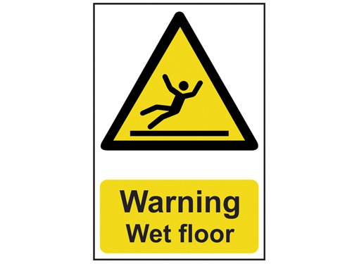 This SCAN Safety Sign is made from 1mm thick, durable PVC. It's aggressive water-based adhesive enables the sign to easily stick on to and remain on any wall. Printed with UV resistant inks, which resist fading. It is easy to read with clear instruction and illustration.Complies with BS5499 and/or ISO 7010 design criteria where applicable. Helps limit company liability should accident occur.Specification:Size: 200 x 300mmMessage: 'Warning Wet floor'