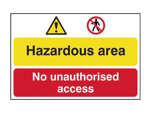 This SCAN Safety Sign is made from 1mm thick, durable PVC. It's aggressive water-based adhesive enables the sign to easily stick on to and remain on any wall. Printed with UV resistant inks, which resist fading. It is easy to read with clear instruction and illustration.Complies with BS5499 and/or ISO 7010 design criteria where applicable. Helps limit company liability should accident occur.Specifications:Size: 600 x 400mm.Message: 'Hazardous area / No unauthorized access'.