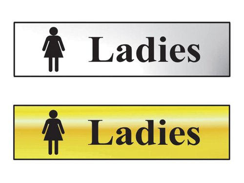 Scan self-adhesive bathroom sign with black text/graphic. Printed using UV resistant inks.Available in a polished brass or polished chrome effect.Please note polished chrome effect signs are not recommended for exterior use.Size: 200 x 50mm.Message: 'Ladies'.Scan polished chrome effect bathroom sign with black text/graphic. Printed using UV resistant inks.Please note this material is not recommended for exterior use.Size: 200 x 50mm. Message: 'Ladies'.