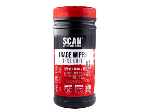 These Scan Heavy-duty Trade Wipes are suitable for cleaning surfaces, hands, tools and machinery. Wipes are antibacterial to BS EN 1276 with added natural Aloe Vera oils to help keep skin moisturised. With an advanced chemical formula and textured finish these industrial wipes make light work of removing silicones, paints, sealants, adhesive, oils, greases and many more materials found in day-to-day trade use.Each recyclable tub contains 100 x XL (20cm x 30cm) Scan Trade Wipes.