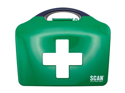 This Scan First Aid Kit comes in a  compact 'briefcase' style kit box made of polycarbonate. Inculdes sufficient content to safeguard 1-25 persons in a workplace. Approved by the British Standards Institute. Contains:1 x CoolTherm Burn Relief Dressing 10 x 10cm2 x Single Use Triangular Bandages 90 x 127cm40 x Assorted Waterproof Plasters2 x Medium Sterile HSE Dressings 12 x 12cm (unboxed)2 x Large Sterile HSE Dressings 18 x 18cm (unboxed)1 x Conforming Bandage 7.5cm x 4m1 x Finger Dressing with Adhesive Fixing 3.5cm2 x Sterile Eye Pad Dressing no.16 with Bandage (Flow Wrapped)1 x Microporous Tape 2.5cm x 5m20 x Cleansing Wipes1 x Pair of Small Universal Shears 6in1 x Adult Sized Foil Blanket 130 x 210cm6 x Pairs of Nitrile Gloves1 x Rebreath Mouth to Mouth Resuscitation Device with Valve1 x First Aid Guidance Leaflet