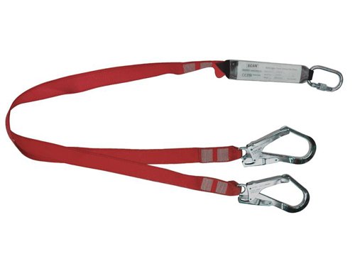 The Scan Fall Arrest Twin Lanyard works with the user's safety harness. Light, comfortable and easy-to-use with little restriction to movement. The twin webbing is made from 100% polyester. Fitted with one integrated shock absorber carabiner and 2 large, forged hooks (strength >23kN).Supplied with a thick micron poly bag.Conforms to EN354 and EN 355.Specification:Webbing Width: 45mmWebbing Length: 1825mm