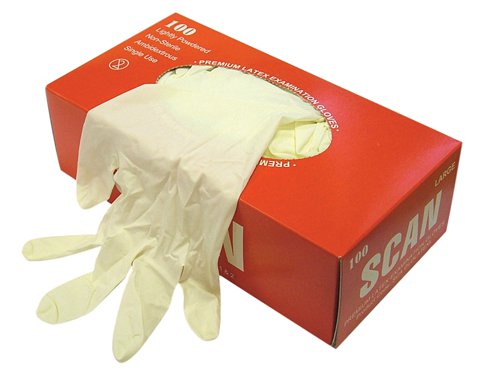 Scan Disposable Latex Gloves are lightly powdered inside to absorb moisture, keeping hands dry and sweat-free. The gloves are ambidextrous, meaning that any glove will fit either left or right hands. They are non-sterile.Manufactured to BS EN 455 parts 1 and 2.Size: LargeBox Quantity: 100
