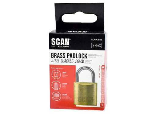 Scan Brass Padlocks provide an excellent level of security. Each lock features a brass cylinder mechanism that is accurately machined making it durable and rust resistant. They have stainless shackle springs and a steel shackle with a self-locking action.All brass padlocks above 30mm in body size have hardened anti-cut and saw resistant shackle with double locking tongues for improved security.Each padlock is supplied with 3 keys.This Scan Brass Padlock has the following specification:Padlock Width: 20mm.Shackle Height: 12mm.Shackle Diameter: 3.3mm.Shackle Width: 10.7mm.Security Rating: 1.