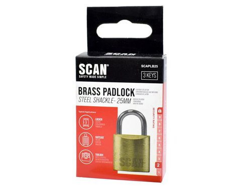 Scan Brass Padlocks provide an excellent level of security. Each lock features a brass cylinder mechanism that is accurately machined making it durable and rust resistant. They have stainless shackle springs and a steel shackle with a self-locking action.All brass padlocks above 30mm in body size have hardened anti-cut and saw resistant shackle with double locking tongues for improved security.Each padlock is supplied with 3 keys.This Scan Brass Padlock has the following specification:Padlock Width: 25mm.Shackle Height: 13.9mm.Shackle Diameter: 4.3mm.Shackle Width: 12.7mm.Security Rating: 2.