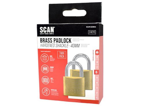 Scan Brass Padlocks provide an excellent level of security. Each lock features a brass cylinder mechanism that is accurately machined making it durable and rust resistant. They have stainless shackle springs and a steel shackle with a self-locking action.All brass padlocks above 30mm in body size have hardened anti-cut and saw resistant shackle with double locking tongues for improved security.Each padlock is supplied with 3 keys.Pack of 2 Brass Padlocks 40mm Keyed Alike.Specification:Padlock Width: 40mm.Shackle Height: 22.8mm.Shackle Diameter: 6.2mm.Shackle Width: 21mm.Security Rating: 6.