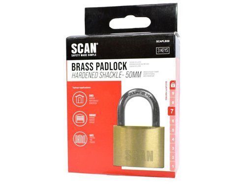 Scan Brass Padlocks provide an excellent level of security. Each lock features a brass cylinder mechanism that is accurately machined making it durable and rust resistant. They have stainless shackle springs and a steel shackle with a self-locking action.All brass padlocks above 30mm in body size have hardened anti-cut and saw resistant shackle with double locking tongues for improved security.Each padlock is supplied with 3 keys.This Scan Brass Padlock has the following specification:Padlock Width: 50mm.Shackle Height: 27.4mm.Shackle Diameter: 8.0mm.Shackle Width: 26mm.Security Rating: 7.