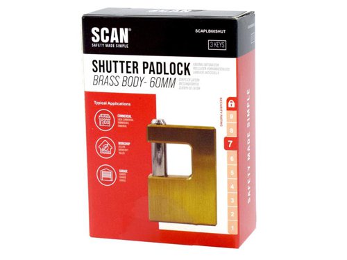 Scan Brass Shutter Padlocks can be used in a variety of situations and are ideal for security shutters, gates and bollards. The padlock has a brass body with steel armoured casing. Its rotating shackle is made from hardened steel to resist cutting and sawing. The twin slots also restrict access to the shackle. This padlock is key retaining, meaning the key can only be removed when in the locked position. Its brass cylinder to resist rusting.Supplied complete with 3 keys.This Scan Brass Shutter Padlock has the following specification:Padlock Width: 60mm.Padlock Height: 44mm.Shackle Width: 20mm.Shackle Height: 15mm.Shackle Diameter: 10mm.Security Rating: 7.